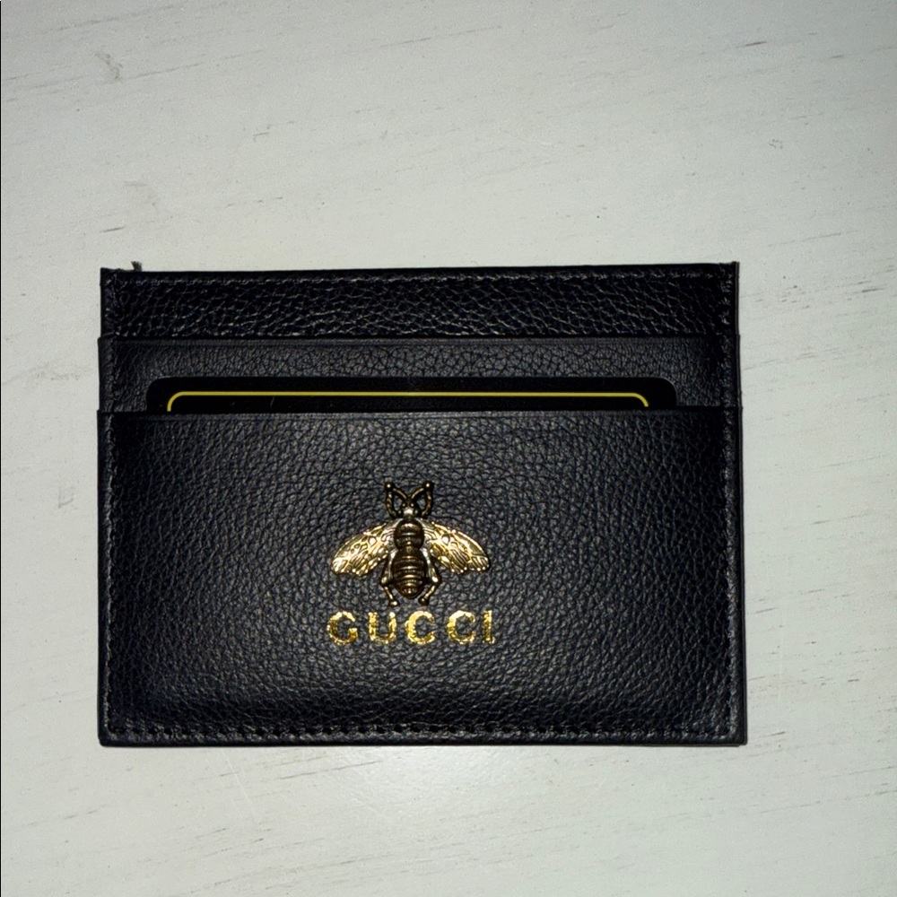 G G inspired  Black Leather Card Holder with Gold Bee Emblem